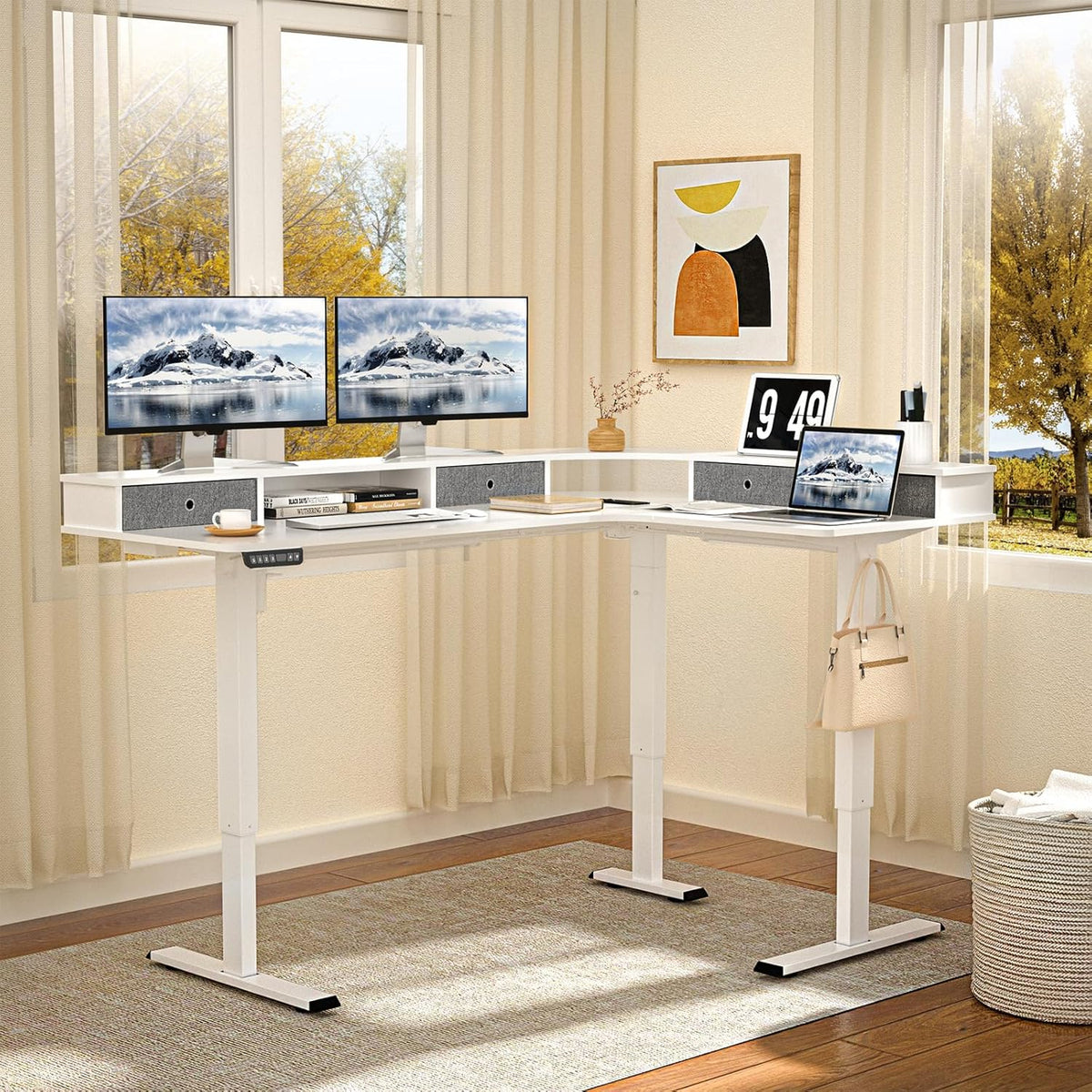67" L Shaped Standing Desk, Electric Height Adjustable Corner Table with Drawers, Modern Standing Gaming Desk with Monitor Stand for Home Office Entertainment, Snow White