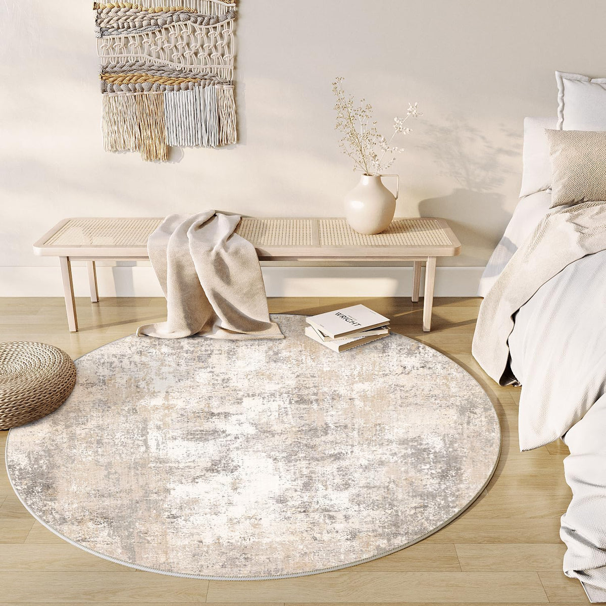 5x5 Washable Round Rug Beige Grey Neutral Abstract Living Room Bedroom Non Slip Low Pile Area Rug Office Entryway Indoor Doormat Soft Carpet for Entrance Bathroom Kitchen
