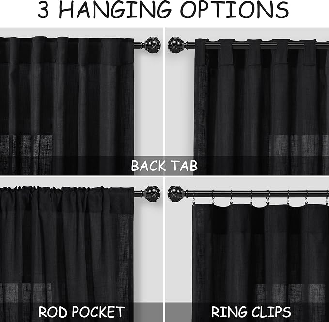 Nanspring Black Sheer Linen Curtains