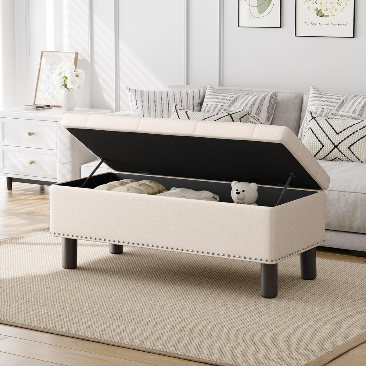 Furniliving 42” Ottoman Bench with Storage, Folding Storage Ottoman Benches with Wood Legs, Upholstered Bedroom Bench with Button-Tufted, Entryway Bench for Bedroom, Linen, Beige
