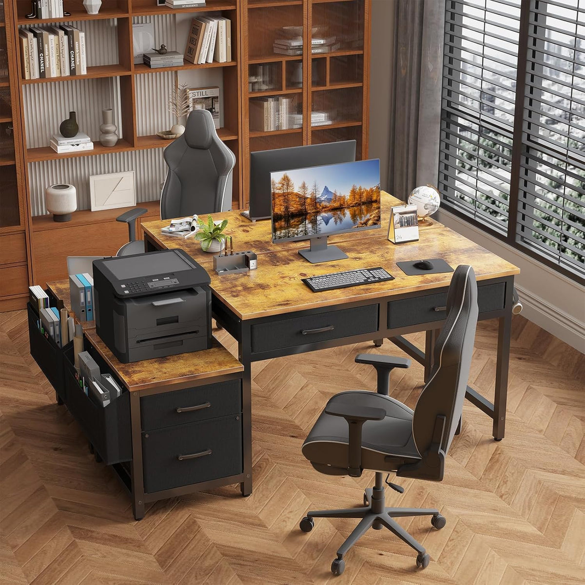 Lufeiya Computer Desk with Fabric File Drawers Cabinet, 57 Inch Home Office Desks with Filing Cabinet Printer Stand for Small Space, Study Writing Table PC Gaming Desks for Bedroom, Brown Black