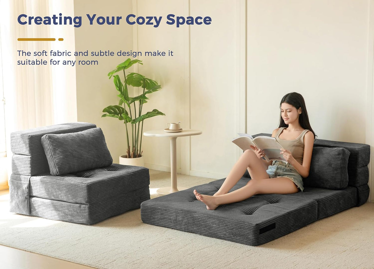 MAXYOYO Convertible Sofa Bed, Fold Out Single Sleeper Sofa with Pillow, 4 in 1 Tufted Folding Couch Bed Foam Floor Couch, Lazy Chair for Living Room Bedroom Guest Room, Dark Grey