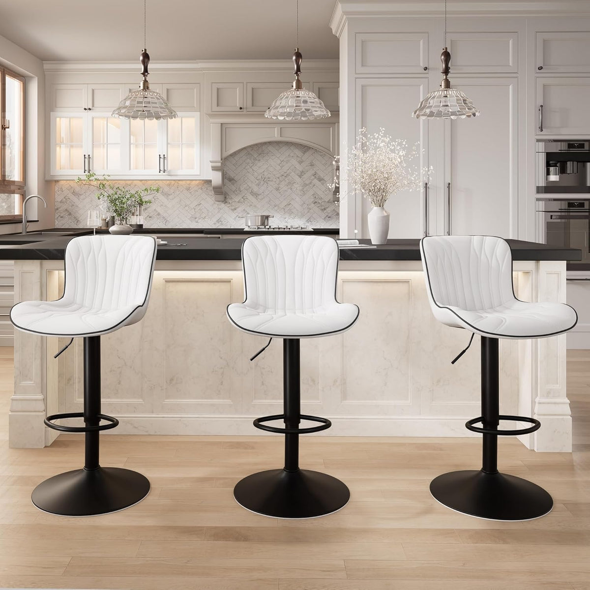 YOUNIKE 3 White Bar Stools Modern Swivel Counter Height Bar Chair with Back Adjustable Kitchen Island Faux Leather Padded Barstools taburetes de bar Breakfast sillas para barra de cocina 3PCS