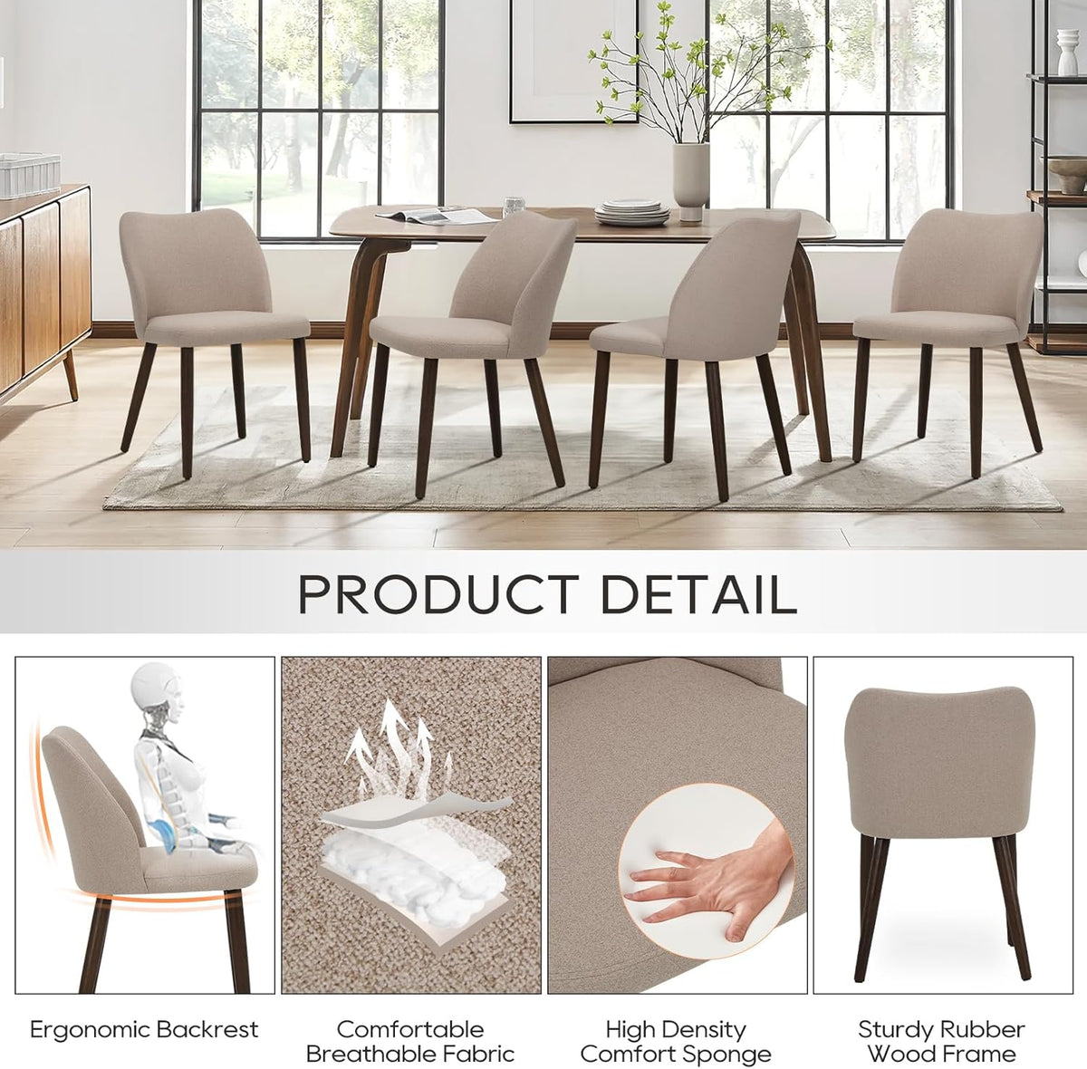 COLAMY Upholstered Dining Chairs Set of 2, Modern Fabric Dining Room Kitchen Side Chair with Padded Seat and Wood Legs for Restaurant/Cafe, Camel