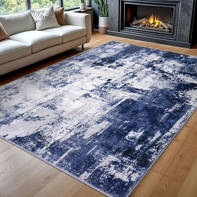 KOZYFLY Modern Abstract Area Rugs 8x10 Navy Blue Machine Washable Thin Rug