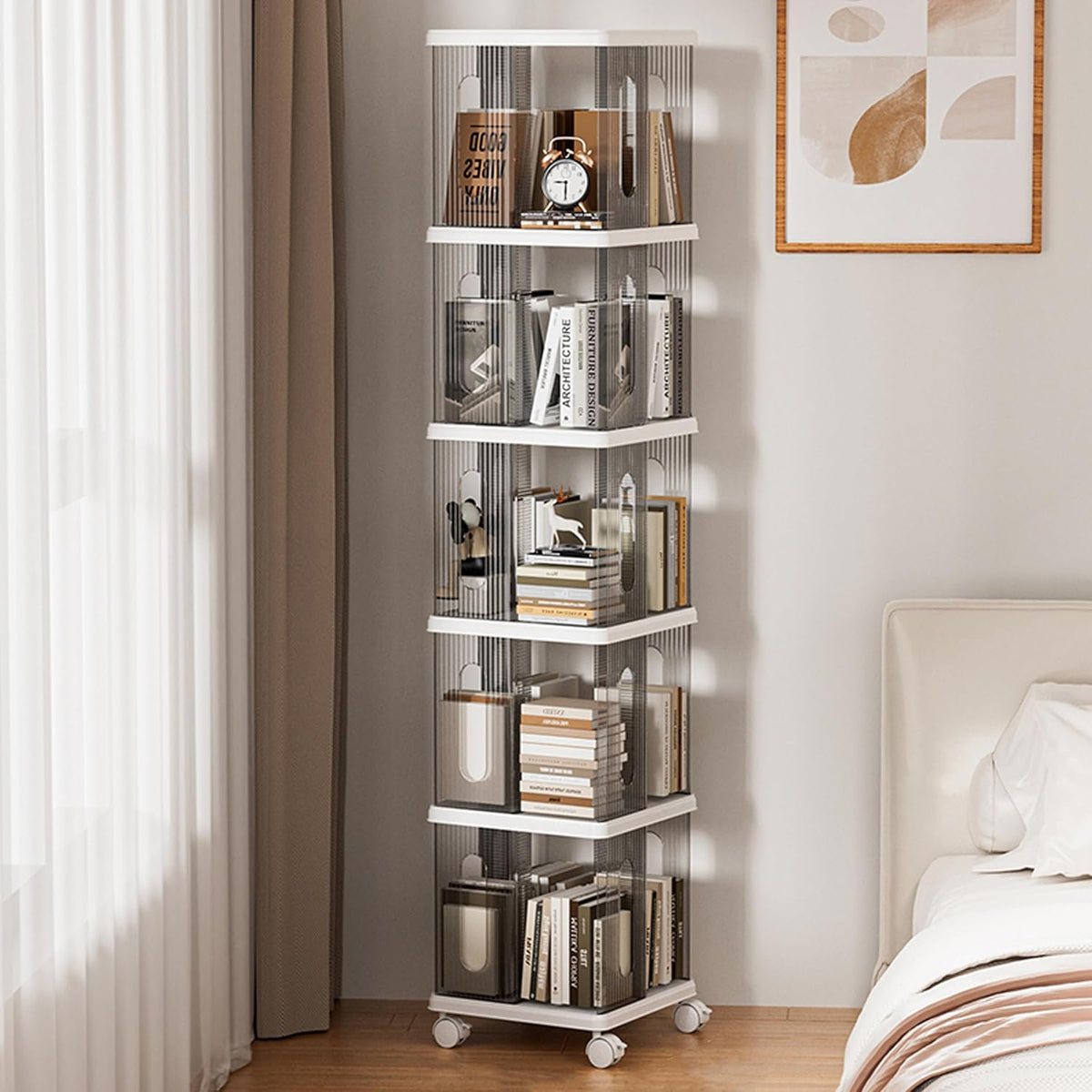 Rotating Bookshelf Tower, 360-Degree rotating bookshelves, Small Space Spinning Bookshelf with Wheels, Revolving Bookcase Suitable for Bedrooms, Living Rooms, Studies and Offices (Grey,5Tier)