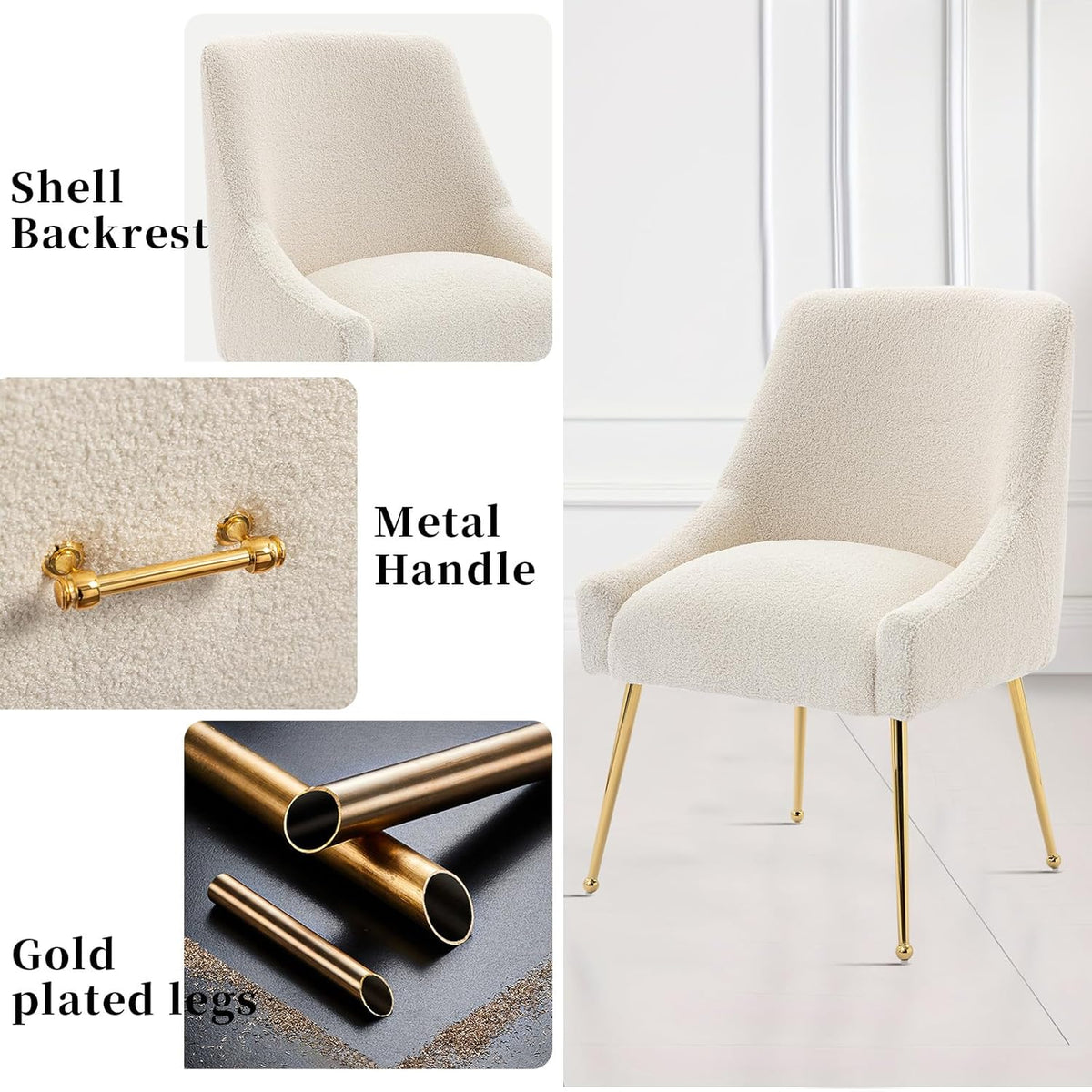 Modern Velvet Dining Chairs Set of 4, Contemporary Upholstered Furniture Collection with Polished Gold Metal Legs, Elegant Accent Chairs for Kitchen Living Room(Teddy Fleece,Beige)