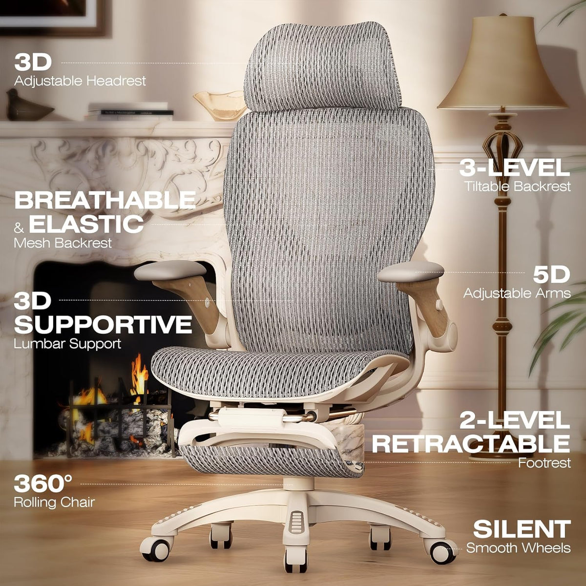 ELABEST X100 Ergonomic Office Chair with Footrest, Big and Tall Home Desk Chair with 5D Flip-Up Arms, Adjustable 3D Lumbar Support,High Back Rolling Computer Chair, Swivel Mesh Chairs (Foggy Morning)