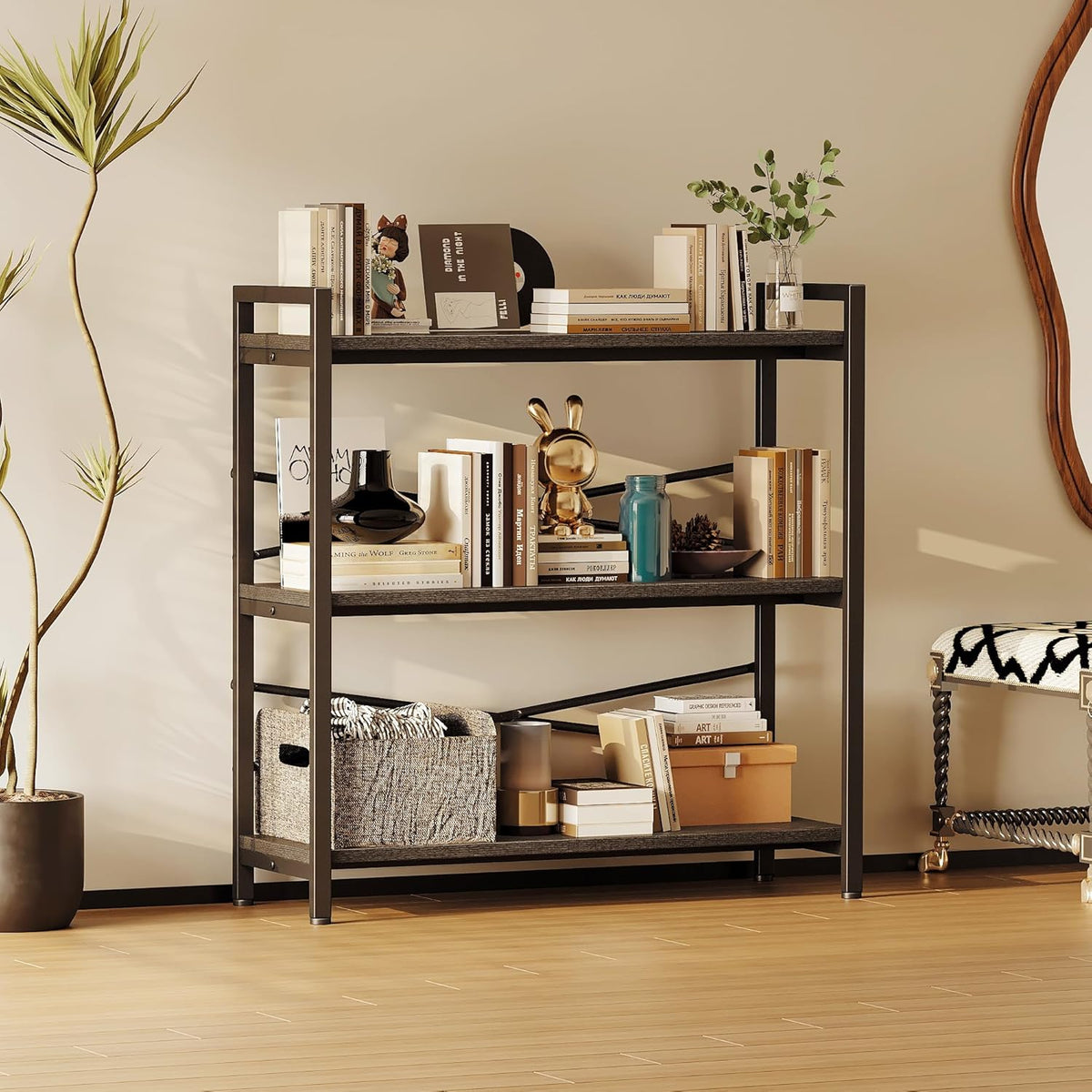 Book Shelf, 3 Tier Bookshelf 31.49" Width, Book Shelf Storage and Organization, Wooden and Metal Industrial Bookcase, Large Book Shelves for Home Living Room Bedroom Office Storage(Black)