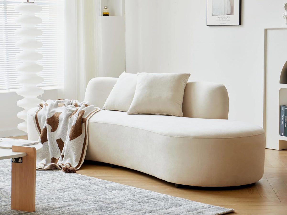Container Furniture Direct 90" Curved Sofa with Throw Pillows, 4 Seater Luxury Velvet Couch with Half Moon Design and High-Density Foam, Ideal for Modern Living Room, Office & Apartment, Ivory White