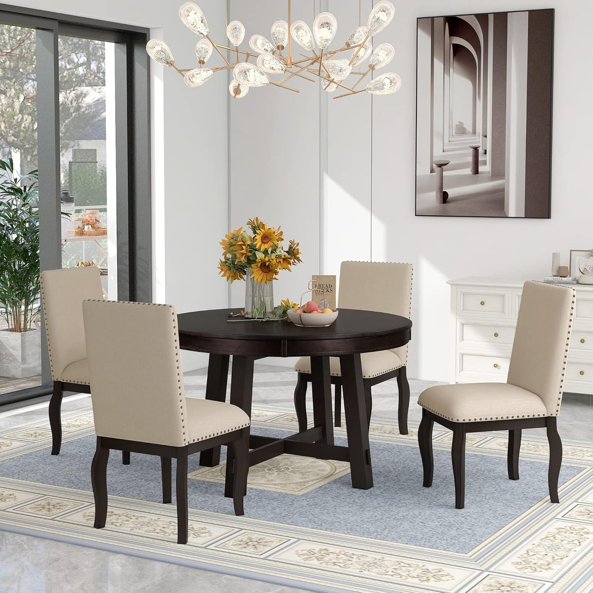 5 Pieces Dining Table Set with 43" Round Extendable Desk,Living Room Furniture W/ 4 Upholstered Curved Legs Chairs,for Restaurant,Home Bistro,Espresso