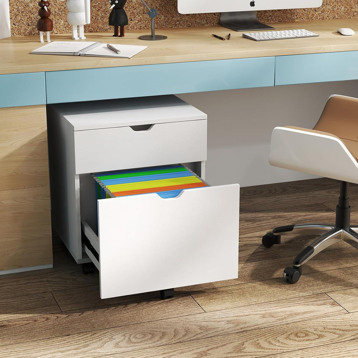 HollyHOME 2-Drawer Wood File Cabinet, Under Desk Cabinet for Home Office, Rolling Storage Shelf for Home, Printer Stand, for A4, Letter-Size, 11.8in Hanging File Folders, White