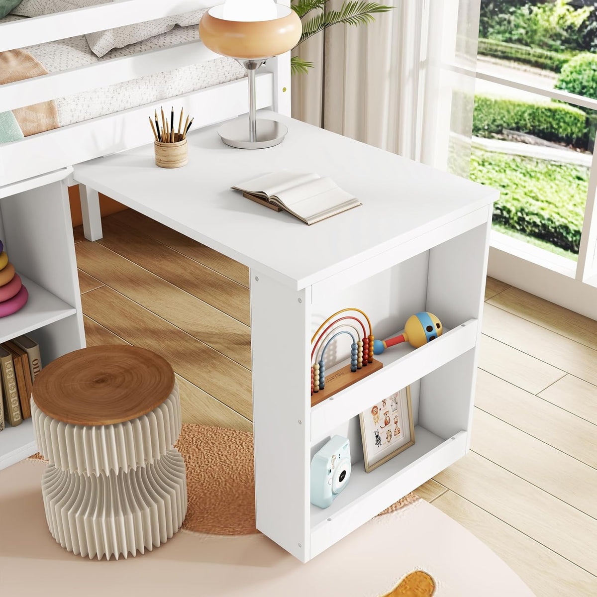 KEIKI Twin Loft Bed with Pull-Out Desk, Drawers & Open Shelves, Wooden Bed Frame with Guardrail, Low Design for Kids, White