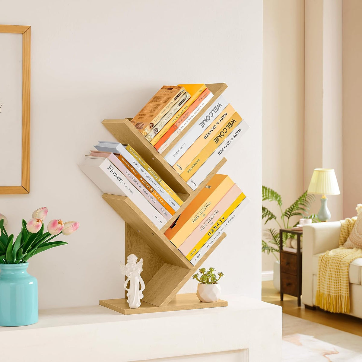 Hoctieon 4 Tier Tree Bookshelf, 4 Shelf Bookcase, Free Standing Tree Bookcase, Display Floor Standing Shelf for Books, Book Organizer Shelves for Home Office, Living Room, Bedroom, Yellow