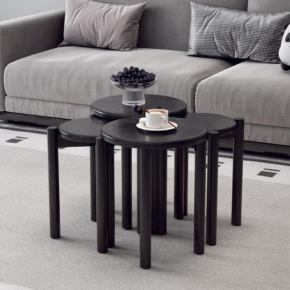 Stackable Stools Set of 4,Wood Stool,18 Inch Stool,Stacking Stools,Nesting Table,Sturdy and Durable,No Installation Required,Top Stackable Round Side Table (Black Barstool)