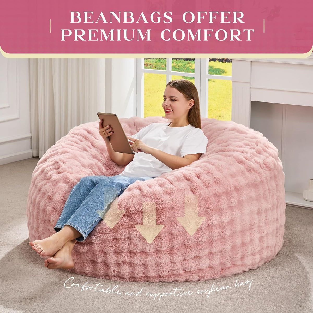 Hobestluk Bean Bag Chairs 4ft Beanbag Chair with Filler Adult Bean Bags with Fluffy & Machine Washable Cover, Giant Bean Bag Chairs for Adults (Pink, 4FT-44" x 44" x 24")