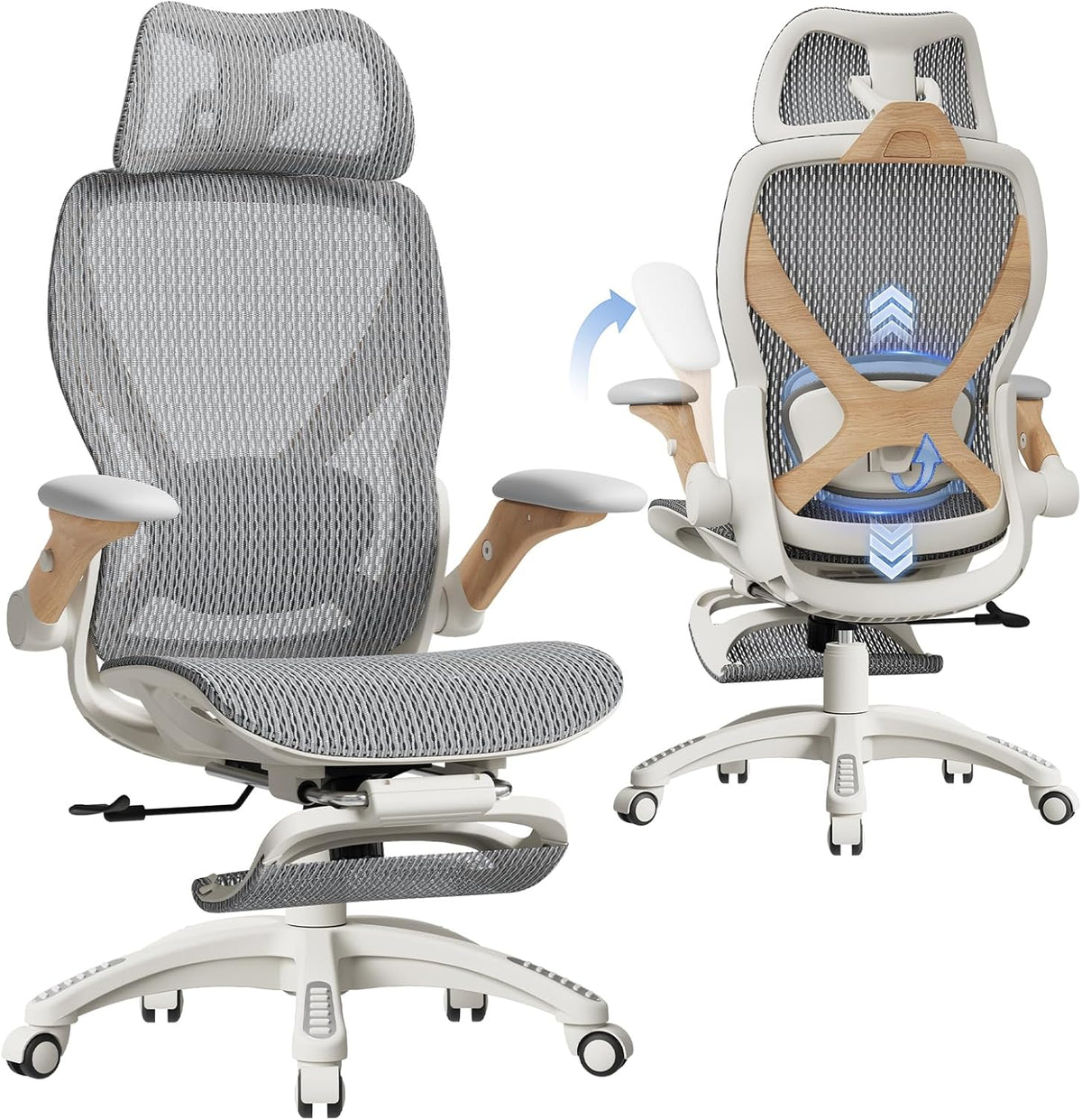 ELABEST X100 Ergonomic Office Chair with Footrest, Big and Tall Home Desk Chair with 5D Flip-Up Arms, Adjustable 3D Lumbar Support,High Back Rolling Computer Chair, Swivel Mesh Chairs (Foggy Morning)