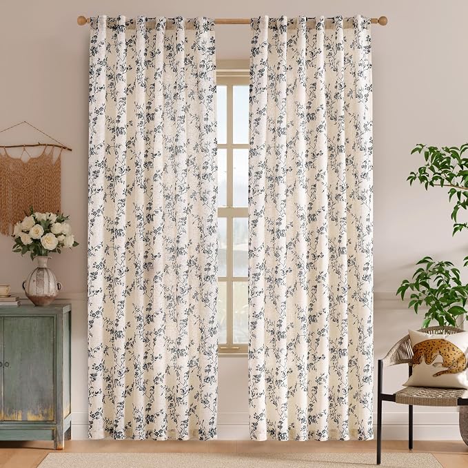 Lazzzy Farmhouse Linen Curtains Black Floral Curtains 90 Inch Length Back Tab