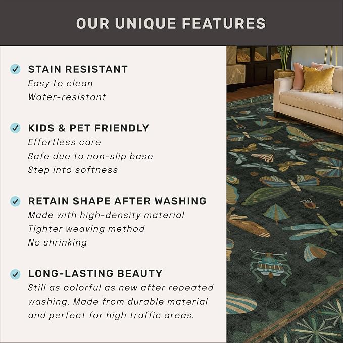 6x8 Dark Green Washable Dining Room Rug