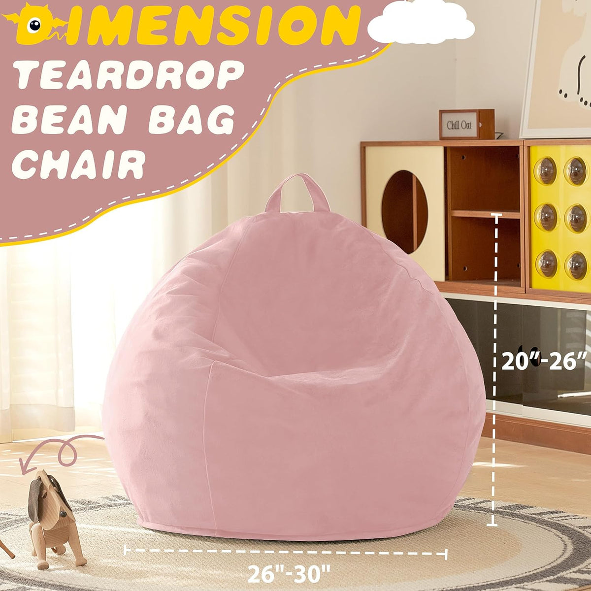 HABUTWAY 2FT Bean Bag Chair, 2' Beanbags Small Bean Bag Chairs with Filling, Teardrop Bean Bag Chair Luxurious Velvet Ultra Soft Fur with Removable Cover (Soft Pink)