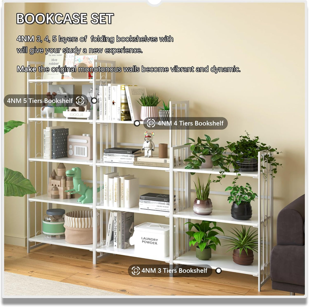 4NM No Assembly 4 Tiers Folding Bookshelf, 47.2" H Foldable Storage Shelves Vintage Bookcase Standing Racks Study Organizer Home Office - All White