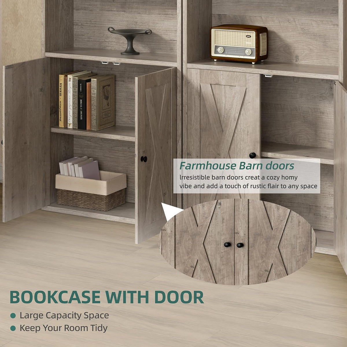 Shintenchi Bookshelf, Industrial Bookshelves and Bookcases with Doors Floor Standing 6 Shelf Display Storage Shelves 70.6 inches Tall Bookcase for Home Office, Living Room (Grey)