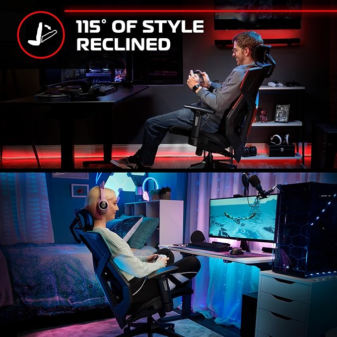 RESPAWN FLEXX Ergonomic Office and Gaming Chair with Lumbar Support - Breathable Mesh Recliner with Headrest & Adjustable Arms, Comfy Home Office Desk Chairs, Reclining Gaming Seat for Adults - Black
