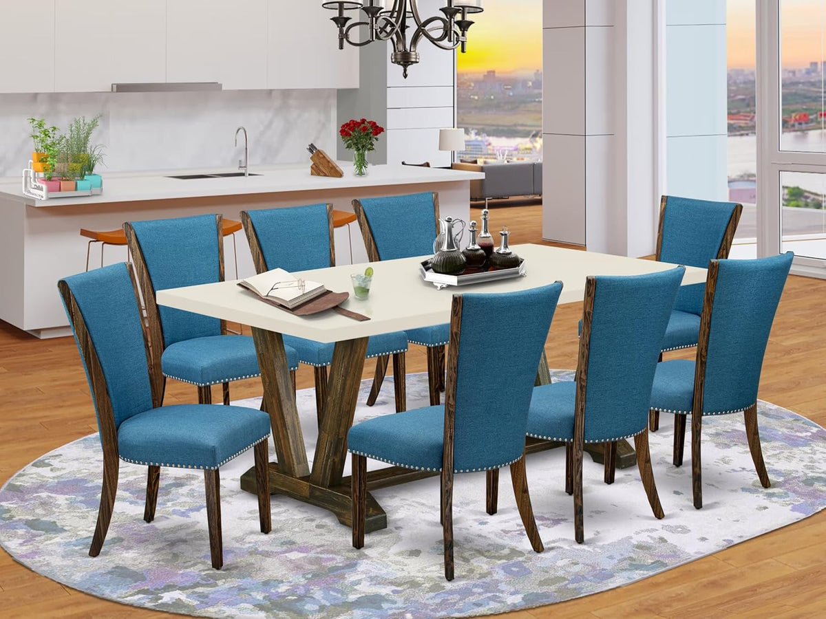 East West Furniture V727VE721-9 9 Piece Dining Set Includes a Rectangle Dining Room Table with V-Legs and 8 Blue Color Linen Fabric Upholstered Parson Chairs, 40x72 Inch, Multi-Color