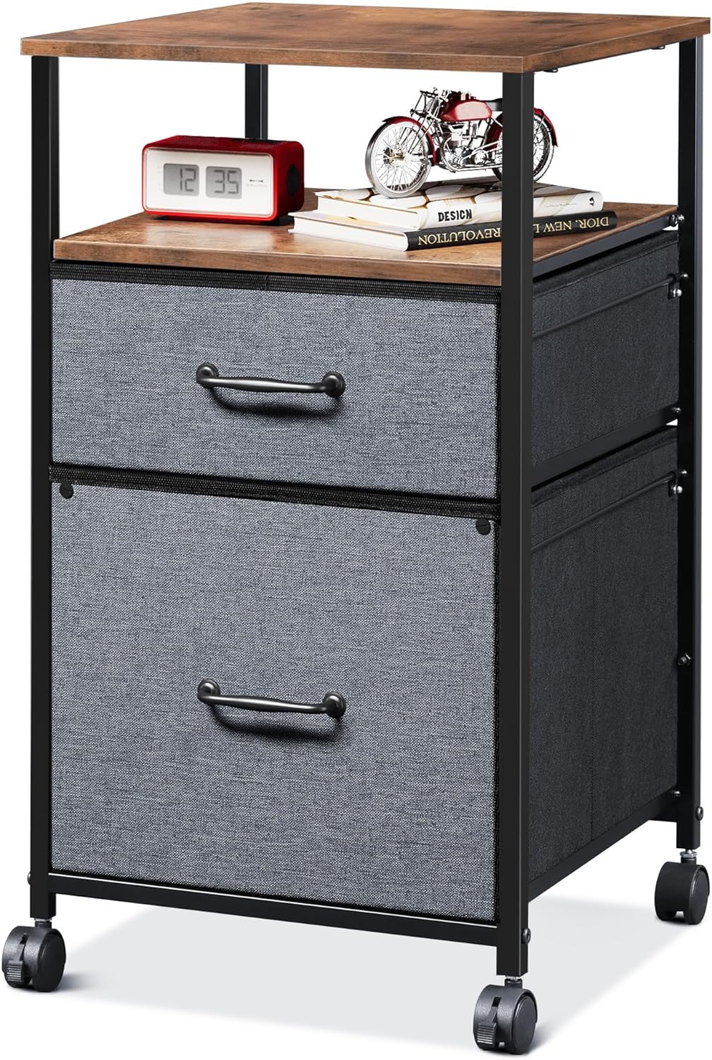 DEVAISE 2 Drawer Mobile File Cabinet, Rolling Printer Stand with Open Storage Shelf, Fabric Vertical Filing Cabinet fits A4 or Letter Size for Home Office, Rustic Brown