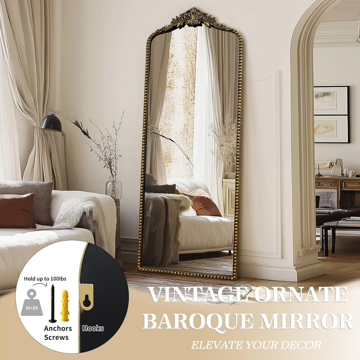 G-LEAF Vintage Baroque Full Length Floor Mirror 22"X65", Victorian Antique Mirror with Black Brush Gold Ornate Metal Frame for Fireplace Entryway Living Room Hallway Bathroom