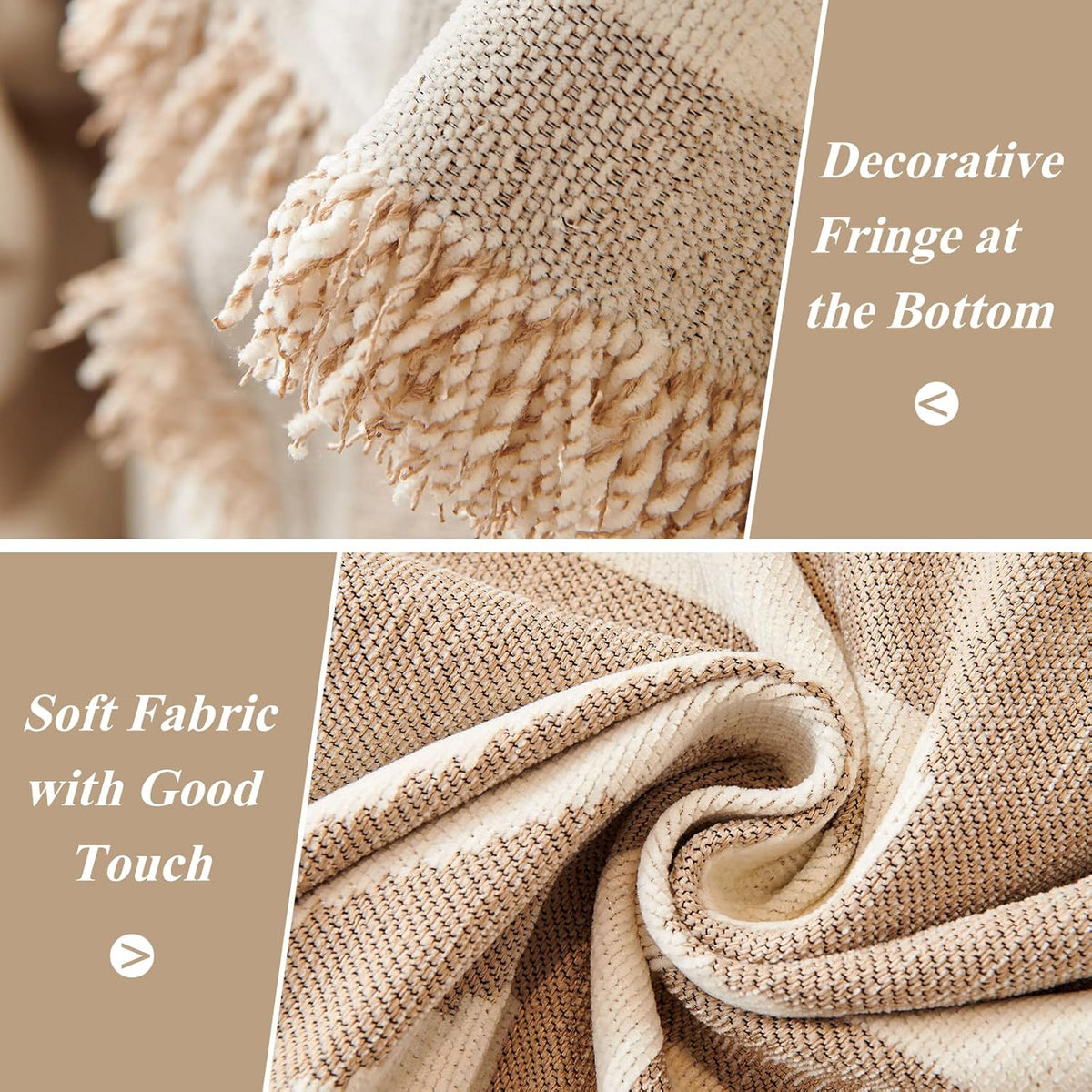 STACYPIK Thick Boho Sofa Cover Beige Khaki Triangle Plaid Couch Cover Skin Pet-Friendly Chenille Sofa Protector for 3 Cushion Couch Reversible Couch Cover Tassel Washable Sectional Sofa Cover-91X134IN