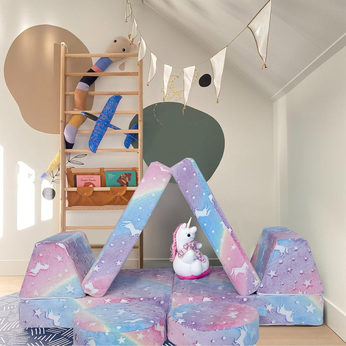 MeMoreCool Modular Glow Sofa for Kids, 8-Piece Convertible Foam Couch Play Set with Unicorn, Rainbow, and Star Pattern for Toddlers and Playroom