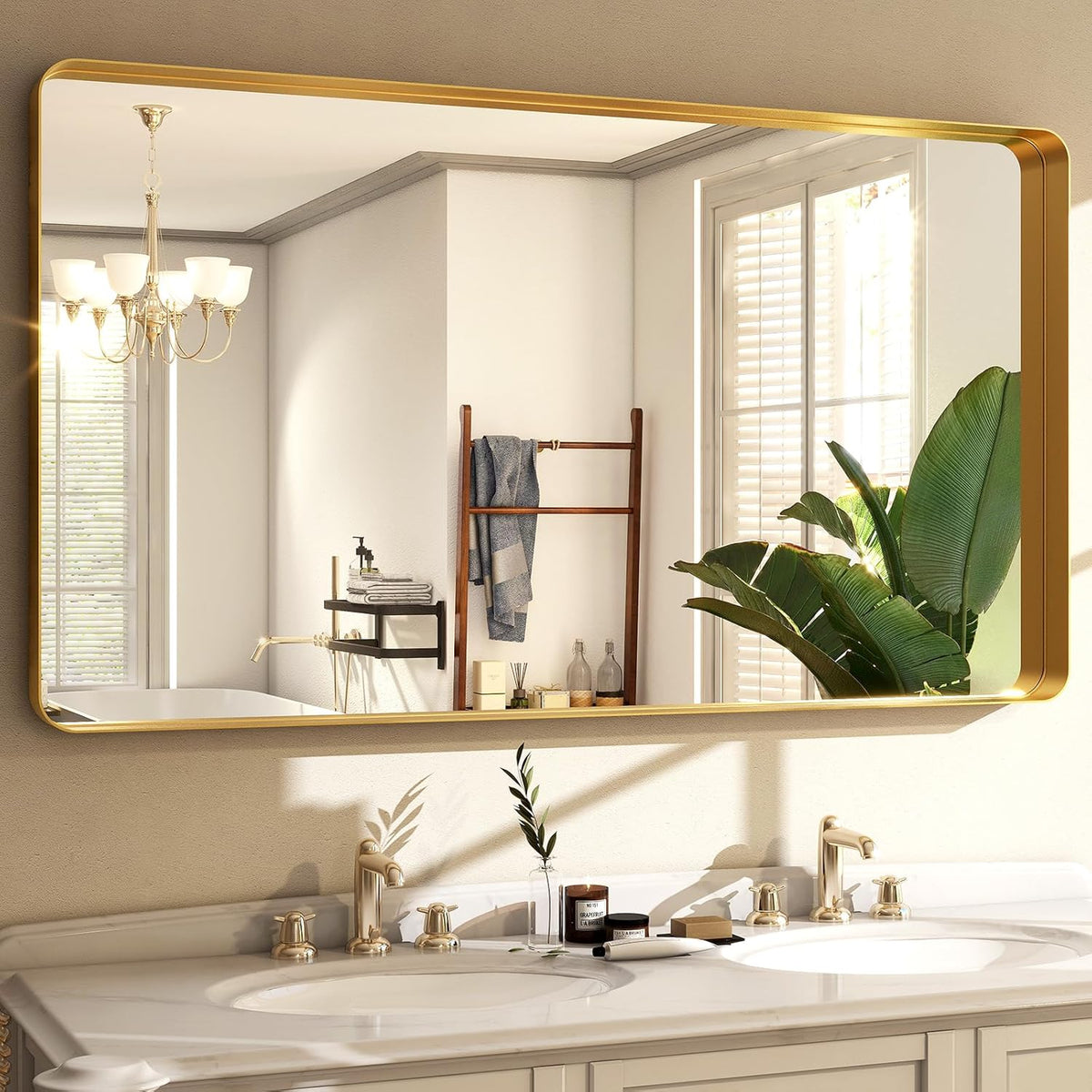 48 x 30 Inch Gold Bathroom Mirror, Rectangular Wall Mounted Shatterproof Mirror, Aluminum Alloy Frame with Rounded Corners, Horizontal or Vertical for Farmhouse Decor
