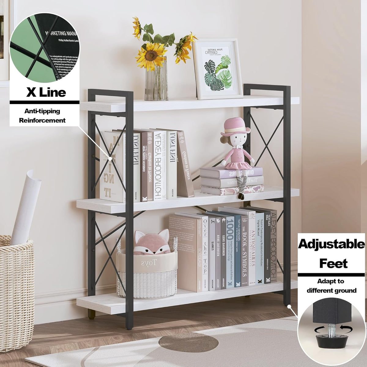 HCHQHS Bookshelf, 3-Tier Industrial Bookcase, Open Book Shelf, Freestanding Horizontal Bookshelves with Metal Frame