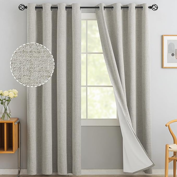 Yakamok Oatmeal Linen Curtains 100% Blackout 96 Inches Long, Room Darkening