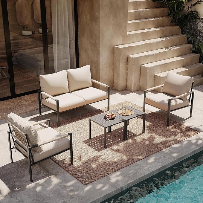 Sundale Outdoor 5 Pieces Patio Furniture Set, All-Weather Metal Outdoor Conversation Set with 6 Inch Cushions and Coffee Tables, Outdoor Furniture Set for Backyard, Balcony, Poolside, Light Grey