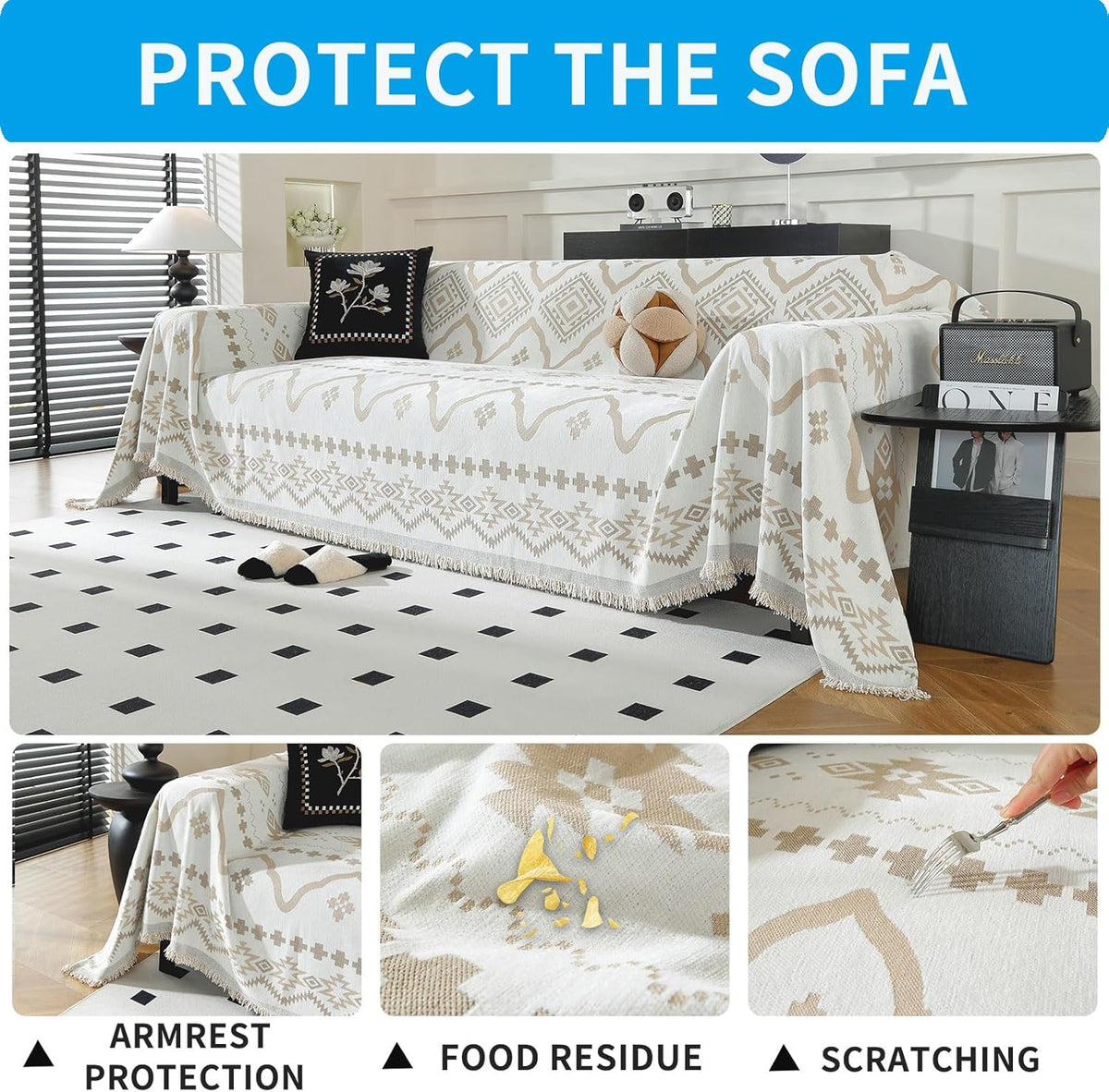 LUFEIJIASHI Boho Couch Covers for Sofa Non Slip Sofa Covers Washable Couch Covers for 3 Cushion Couch Sofa Pet Friendly Sectional Couch Cover Blanket Furniture Protector for Dogs (Khaki, 71"x150")