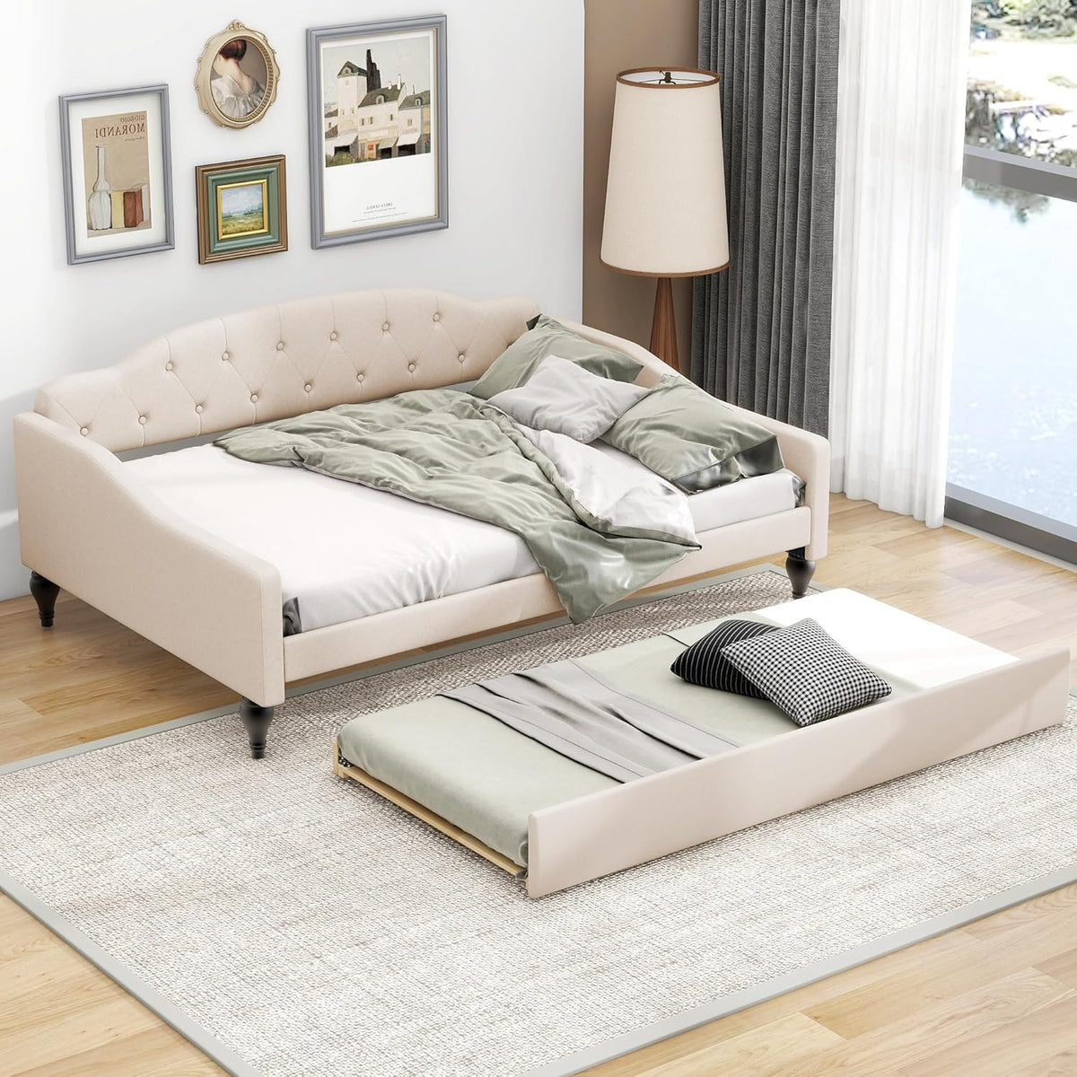 Full Size Linen Upholstered Tufted Daybed with Twin Size Trundle,Sofa Bed,No Box Spring Needed, Furniture for Bedroom Living Room Guest Room,Beige