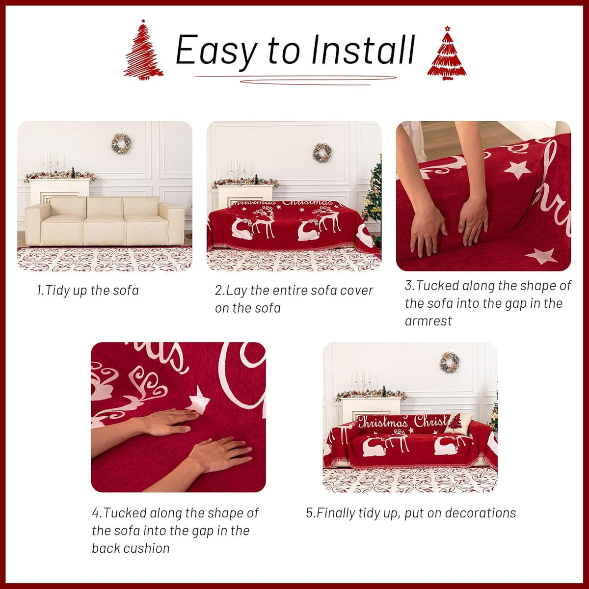 MYSKY HOME Christmas Couch Cover for Sofa Couch Covers for Pets, Non Slip Dogs Furniture Protector with Tassels for Living Room Non Slip Washable Furniture Protector Cover for Pet, Cat, 71"x118", Red