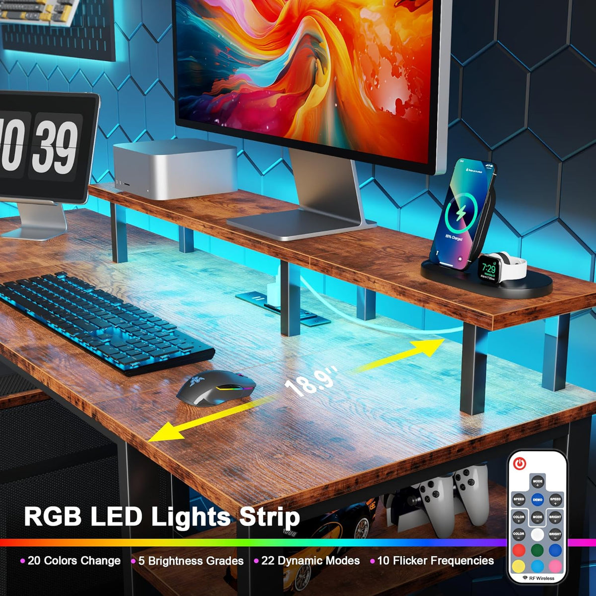 Furologee 51" Computer Desk with Power Outlet and LED Lights, Reversible Home Office Desk with File Cabinet & Monitor Stand, Large Gaming Table with Storage Shelves & Drawer, Rustic Brown