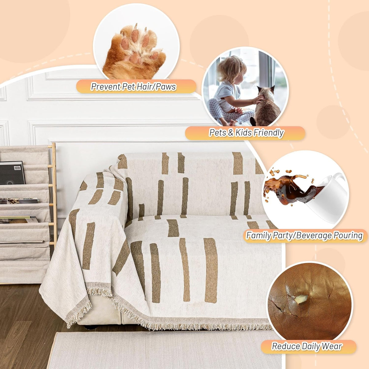 MYSKY HOME Sofa Covers for Sectional Sofa, Couch Cover for Dogs, Couch Covers with Tassel Loveseat Covers Futon Cover L Shaped Cover Washable Chenille Couch Protector, 71" x 102", Khaki Piano Key