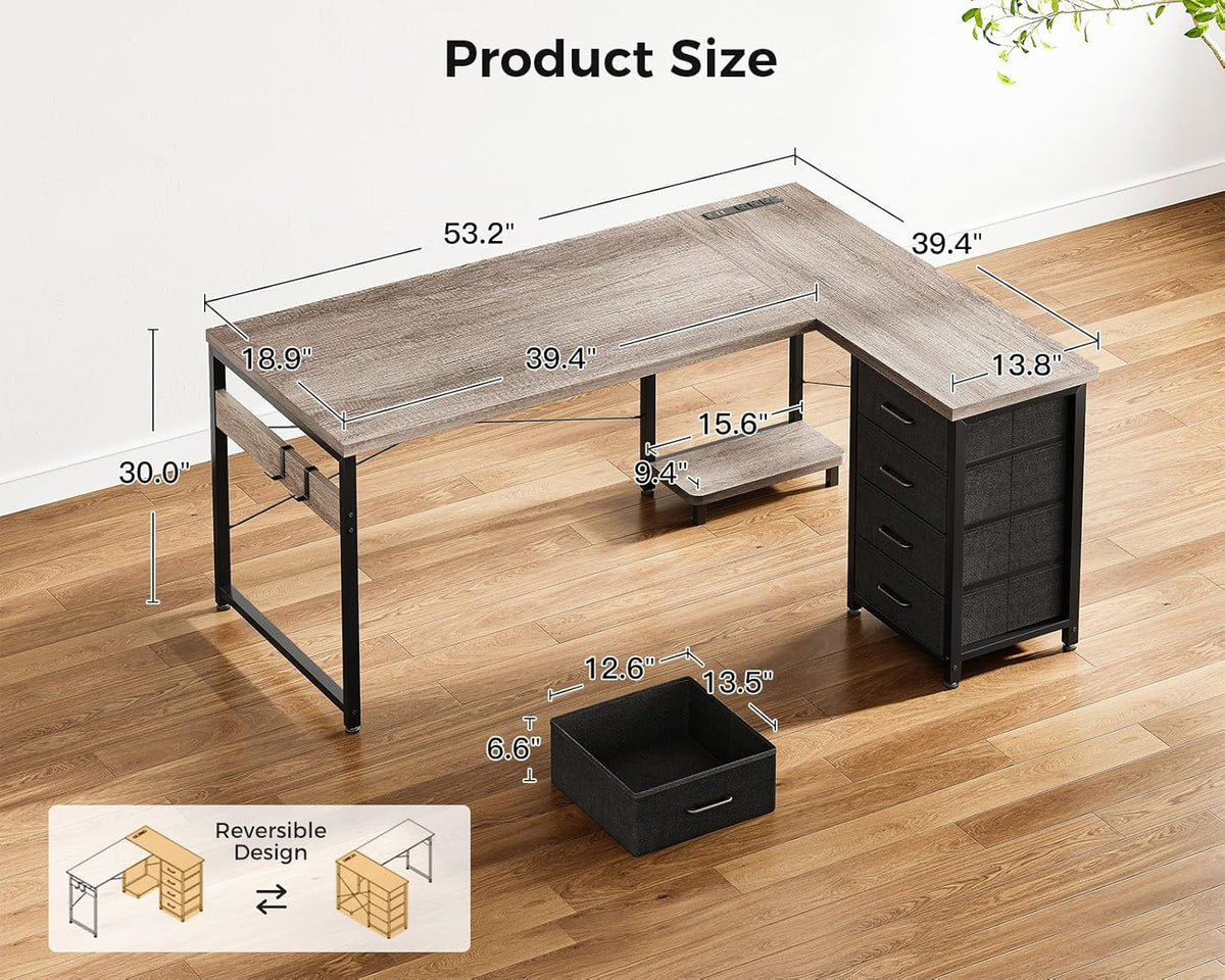 AODK L Shaped Desk with 4 Tier Drawers, 53" Reversible Gaming Desk with Power Outlets, L Shaped Computer Desk with USB Charging Port and Host Stand, Home Office Corner Desk, Easy to Assemble, Grey Oak