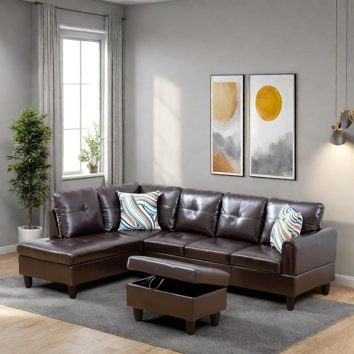 L Shaped Sectional Couches, Modular Sectional Modern Sofa for Living Room Bedroom Furniture, Comfy 4 Seat Couch with Ottoman Storage & Chaise, Brown