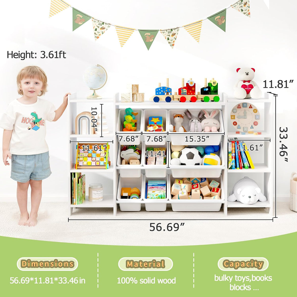 MallBest 4-Tier Kids' Toy Storage Organizer Shelf - 100% Solid Wood, Children's Organizer Cabinet with 9 Plastic Bins and 6 Storage Ports (White)