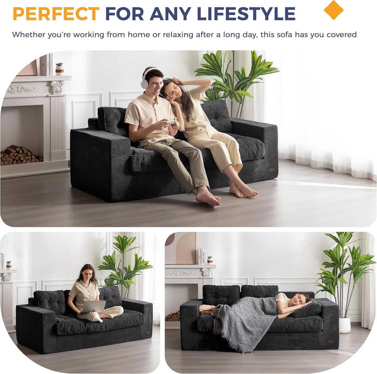 MAXYOYO 3 Seater Couch for Living Room, Boneless Couch with Tufted Cushion & Backrest, Upholstered Floor Sofa with Armrests, Sofa in A Box, No Assembly Required, Black