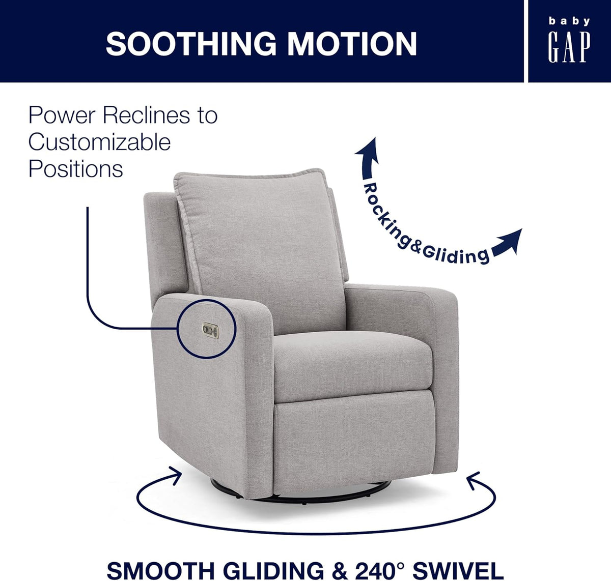 Delta Children babyGap Harlowe Power Recliner with USB-A & Charging Port Greenguard Gold Certified – Stain-Resistant Performance Fabric is Oeko-TEX Standard 100 Certified, Ash