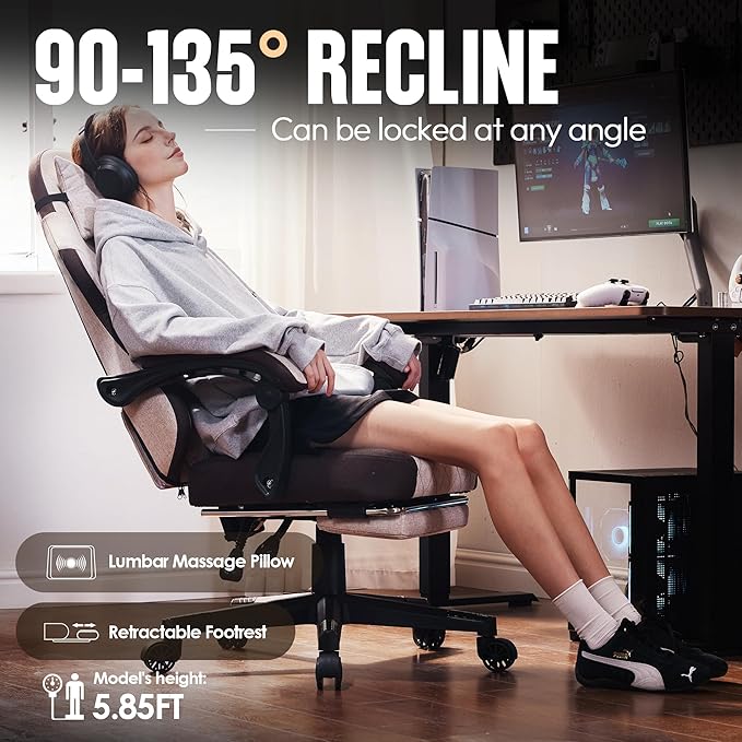 Dowinx Gaming Chair Fabric with Pocket Spring Cushion, High Back Ergonomic Computer Chair with Footrest for Adults, Massage Lumbar Support Swivel Game Chair for Office Gaming 300LBS, Brown