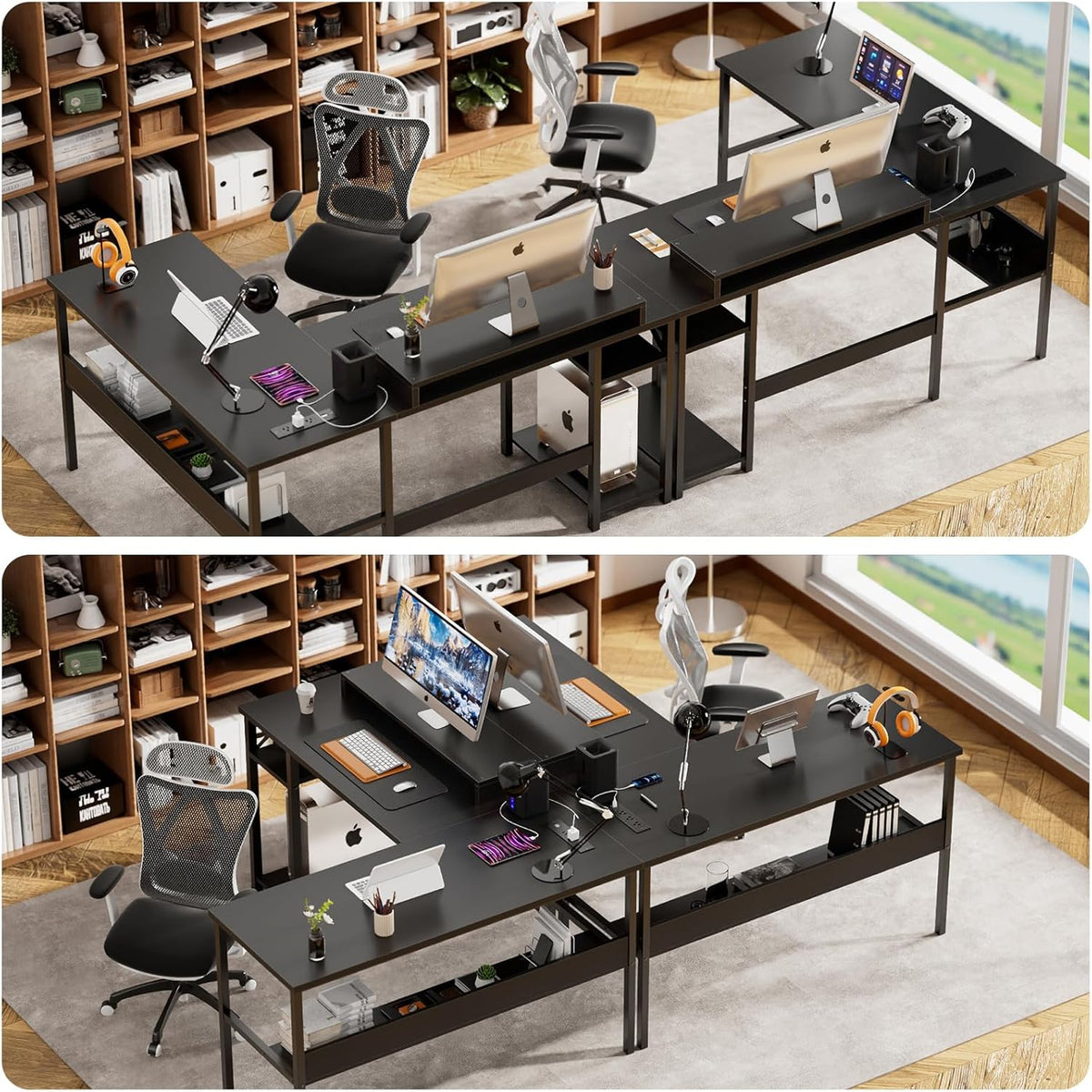 Unikito Reversible L Shaped Desk with Magic Power Outlets and Smart LED Light, Sturdy Corner Computer Desk with Monitor Stand & Storage Shelves, Gaming Table Home Office Desk, Easy Assembly, Black