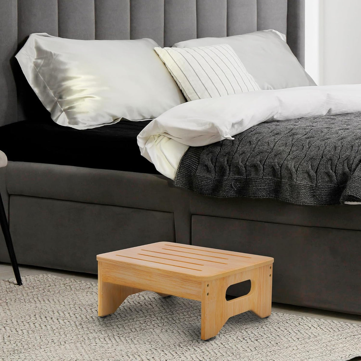 Wooden Step Stool for Adults & Kids, Non-Slip Rubber Feet, 6.5 Inch High, Lightweight Small Step, 400 Lbs Capacity, Bed Step Stool for High Bed, Bathroom & Kitchen, Bamboo