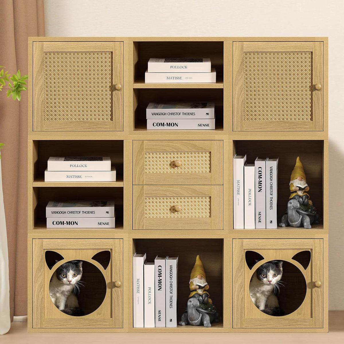 Magic DIY Cube Storage Organizer Stackable Cubes for Home Books Clothes Toy -Modular Cubby Storage System -Closet Organizer -Bookcase Closet(Yellow Oak,Cat Door Cube)